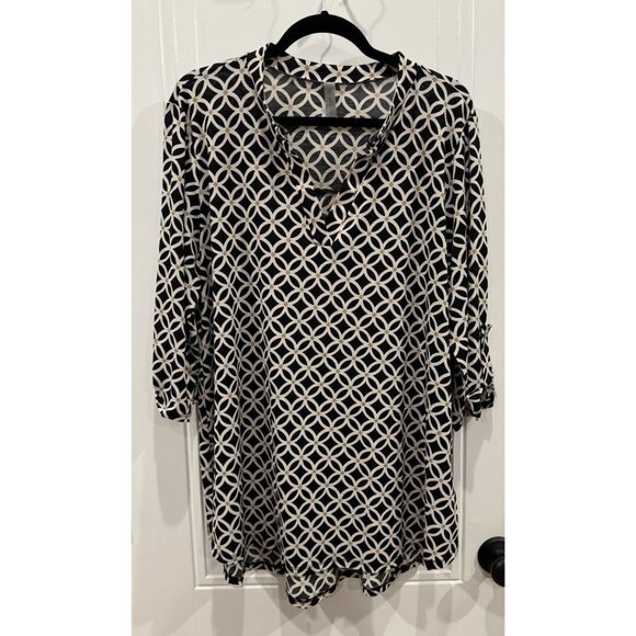 Honeyme "Gabby" Fits 2xl Black with Cream & Tan Design 3/4 Length Sleeves EUC - Picture 1 of 6
